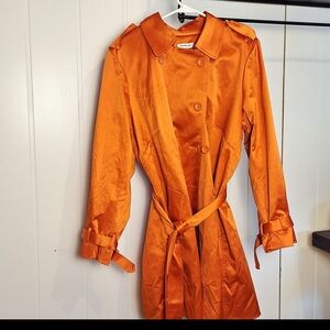 NWOT Joan Rivers Vibrant Burnt Orange Satiny Trench Coat Leopard Lining Size 1X